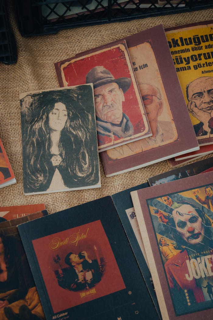 A diverse collection of vintage books with unique cover art displayed on burlap.